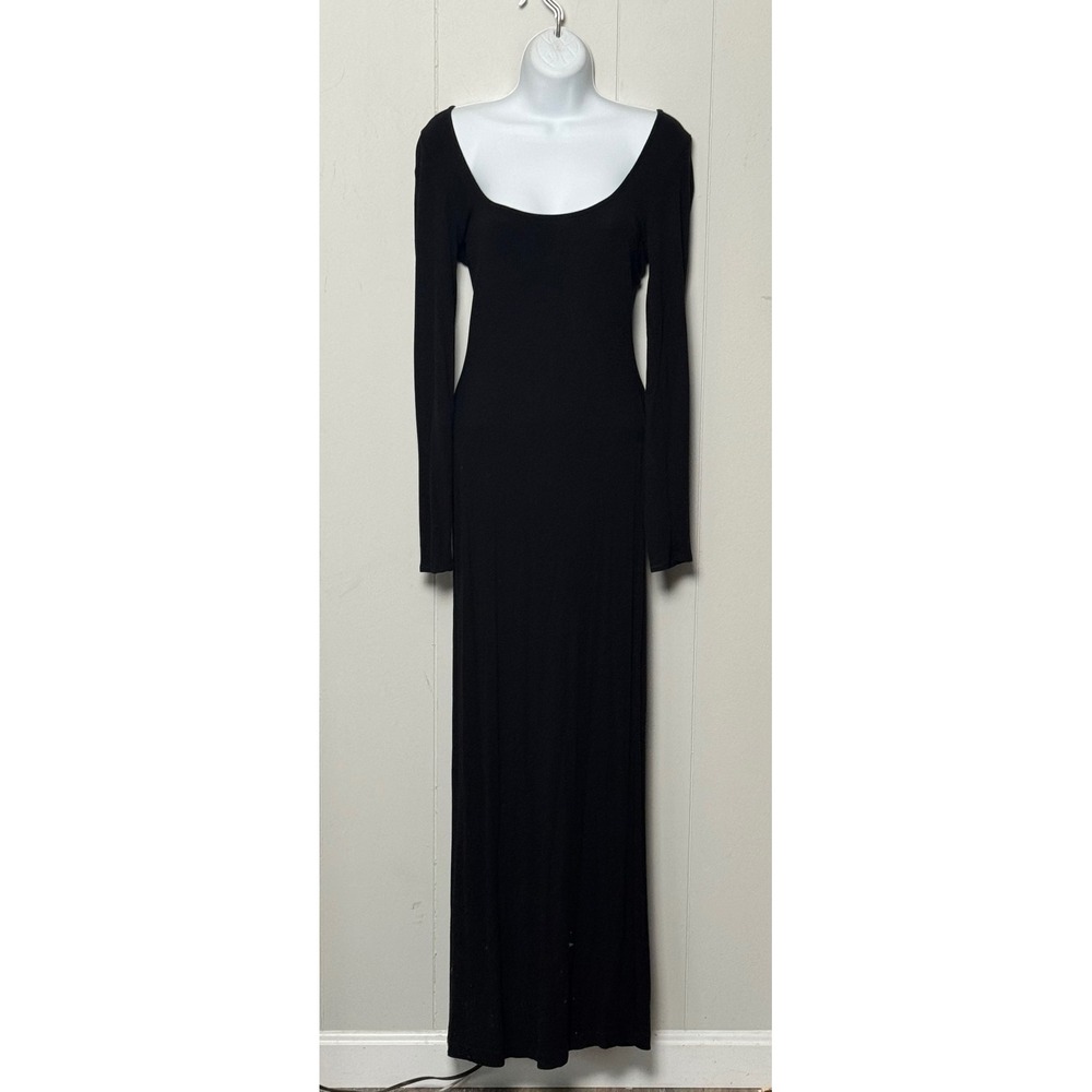 Skims Soft Lounge Long Sleeve Maxi Dress Black Onyx Ribbed Scoop Neck Size Large